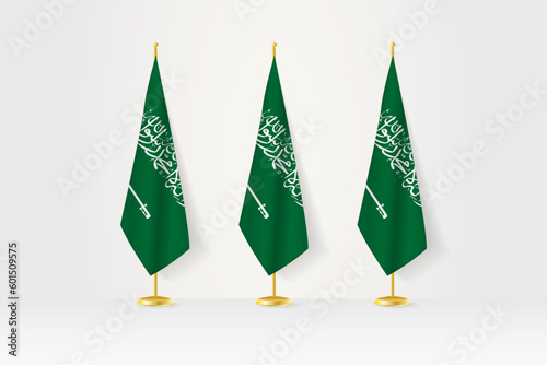 Three Saudi Arabia flags in a row on a golden stand, illustration of press conference and other meetings.