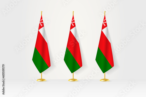 Three Oman flags in a row on a golden stand, illustration of press conference and other meetings.