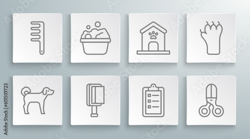 Set line Dog, Pets bath, Hair brush for dog and cat, Grooming salon price list, Scissors hairdresser, house paw print, Paw and icon. Vector