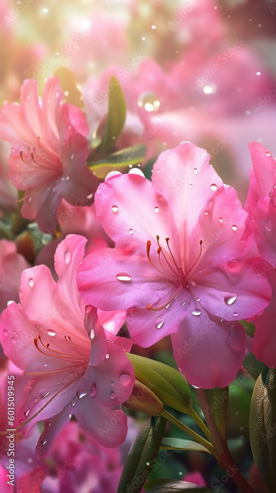 Blooming azalea flowers with drops of water close-up background. Spring wallpaper. Ai generated