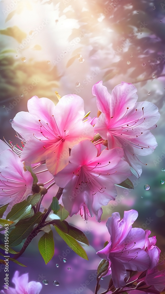 Blooming azalea flowers with drops of water close-up background. Summer wallpaper. Ai generated