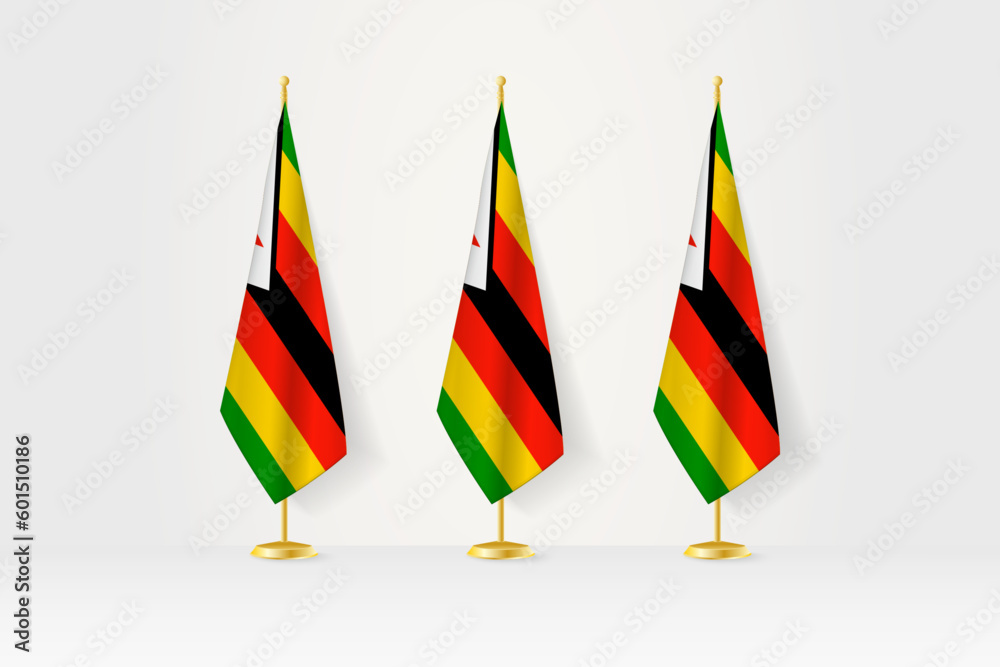 Fototapeta premium Three Zimbabwe flags in a row on a golden stand, illustration of press conference and other meetings.