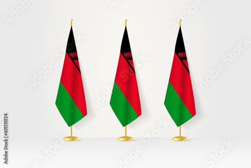 Three Malawi flags in a row on a golden stand, illustration of press conference and other meetings.