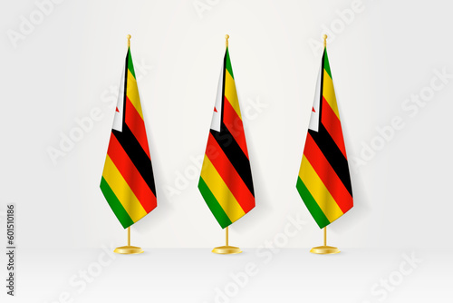 Three Zimbabwe flags in a row on a golden stand, illustration of press conference and other meetings.