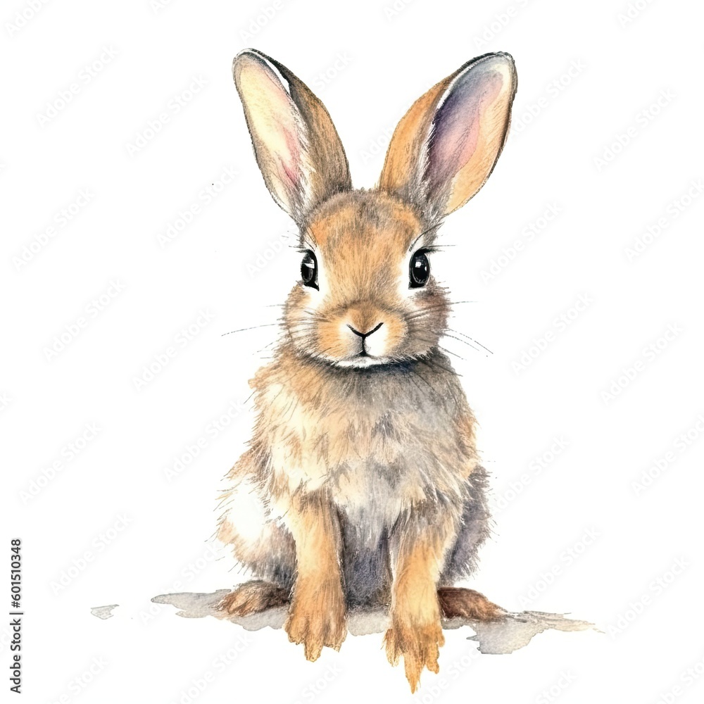 Fototapeta premium Baby Rabbit watercolor with ink outline on white background, high detailed (generative AI)
