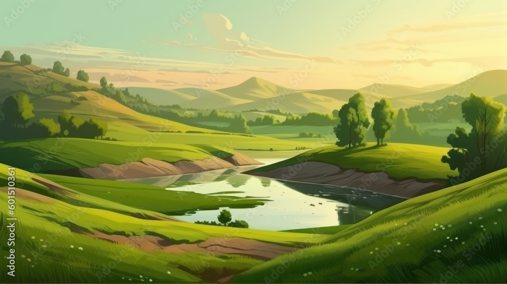 The landscape has green fields, hills and a pond, all in summertime beauty. (Generative AI)