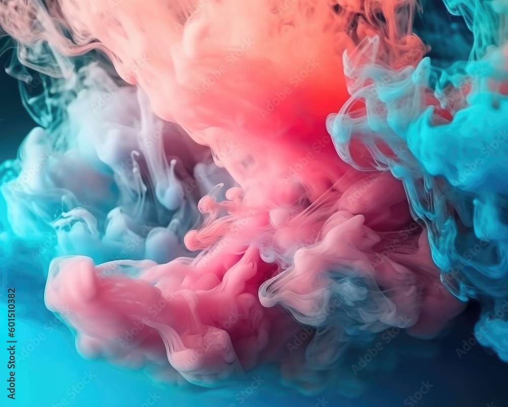 Fototapeta premium A wallpaper with glowing pastel teal and pink smoke on a hazy abstract background. (Generative AI)