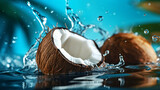 ripe exotic coconut falls into the water with splashes .Generative Ai