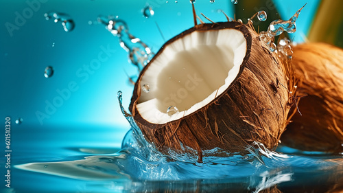 ripe exotic coconut falls into the water with splashes .Generative Ai