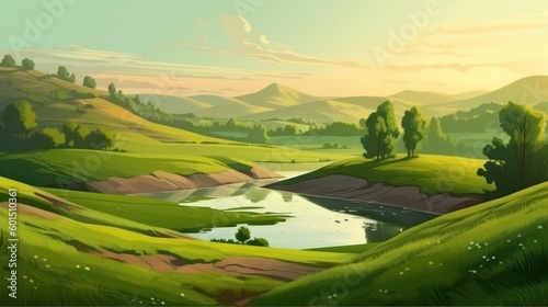 The landscape has green fields  hills and a pond  all in summertime beauty.  Generative AI 