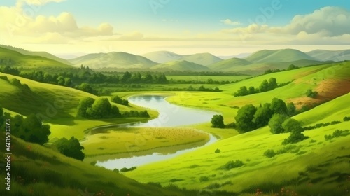 The landscape has green fields, hills and a pond, all in summertime beauty. (Generative AI)