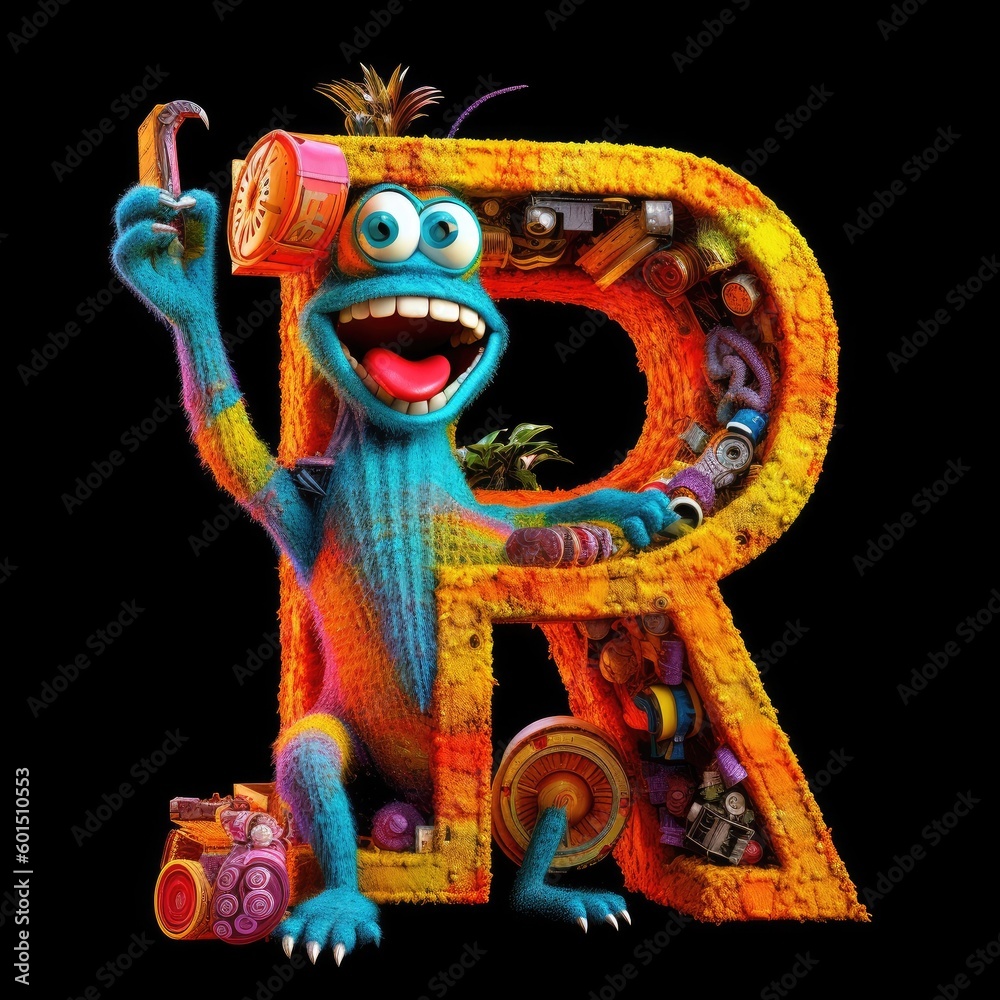 little monster inside R letter with black background  generative ai