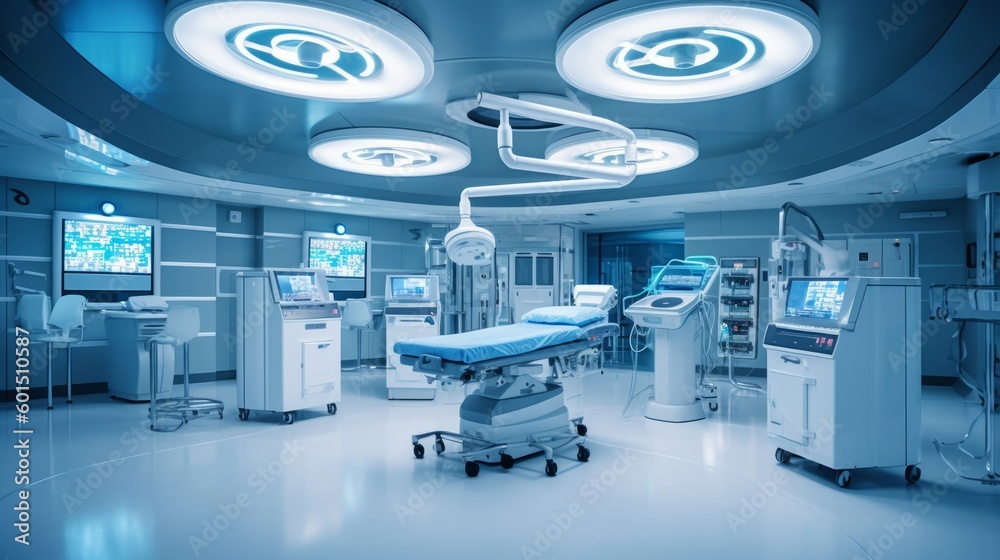 Equipment and medical devices in modern operating room. Generative AI - obrazy, fototapety, plakaty 