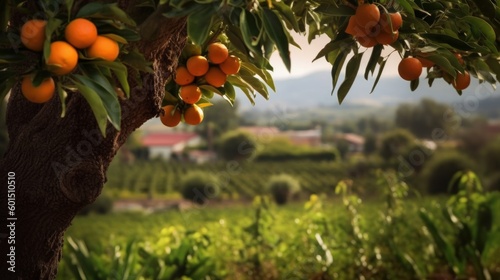 orange tree in foreground with farm field background  generative ai