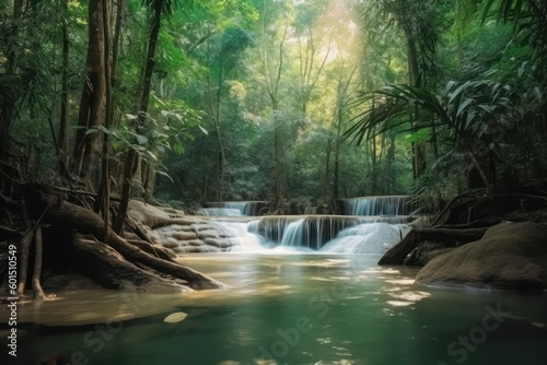 Beautiful waterfall view in thailand,Panoramic beautiful deep forest waterfall in Thailand. Generative ai