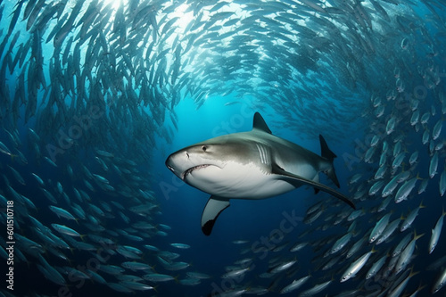 A predator great white shark swimming in the ocean coral reef shallows just below the water line closing in on its victim . 3d rendering with god rays