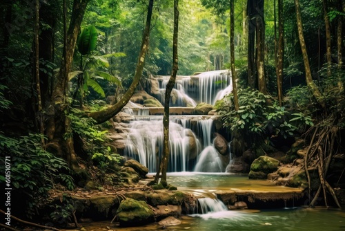 Beautiful waterfall view in thailand,Panoramic beautiful deep forest waterfall in Thailand. Generative ai