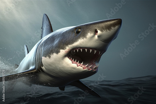 A predator great white shark swimming in the ocean coral reef shallows just below the water line closing in on its victim . 3d rendering with god rays