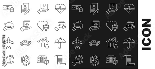 Set line Document with shield, Umbrella, Hand holding briefcase, Delivery insurance, Safe hand, Piggy bank, Money and Life icon. Vector