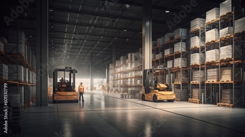 Bustling modern warehouse with a smooth concrete floor reflecting the overhead industrial lighting generative ai