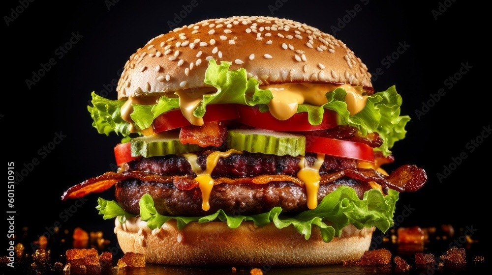 Burger with layers of grilled meat, pickle, tomatoes, melted cheese