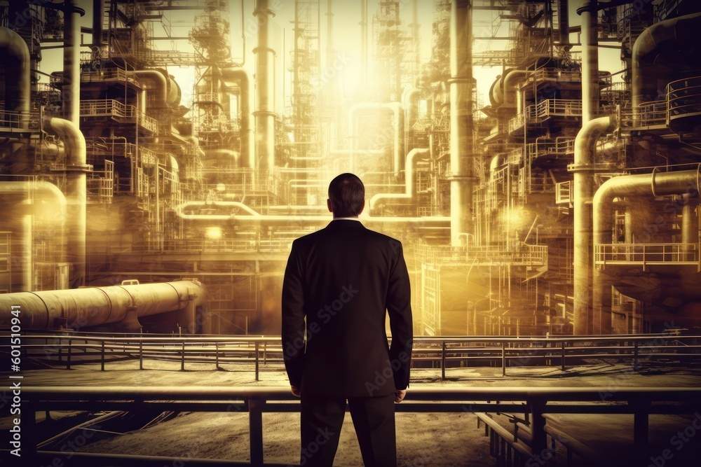 Future factory plant and energy industry concept. Oil, gas and petrochemical refinery factory with double exposure arts showing next generation of power and energy business. Generative ai Future factory plant and energy industry concept. Oil, gas and petrochemical refinery factory with double exposure arts showing next generation of power and energy business. Generative ai