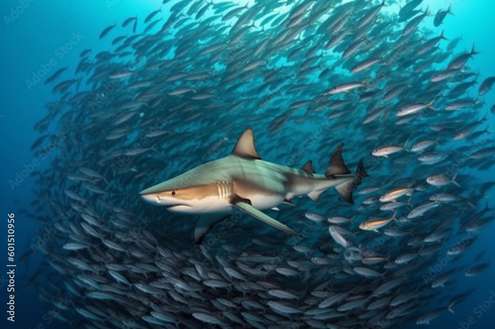 Fototapeta premium A predator great white shark swimming in the ocean coral reef shallows just below the water line closing in on its victim . 3d rendering with god rays