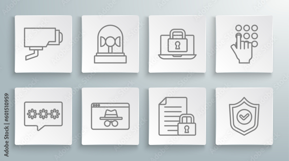 Set line Password protection, Flasher siren, Browser incognito window, Document and lock, Shield with check mark, Laptop, and Security camera icon. Vector