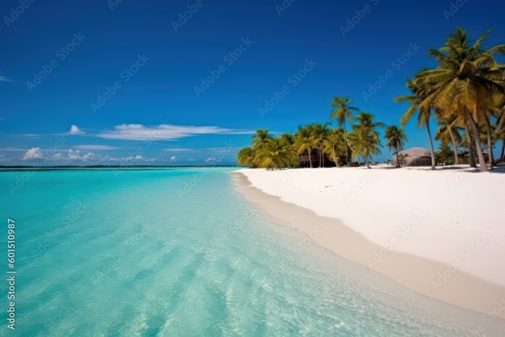Beautiful beach. View of nice tropical beach with palms around. Holiday and vacation concept. Tropical beach. Generative ai
