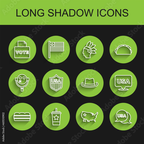 Set line Sandwich, Paper glass with straw, Vote box, USA map, Independence day, Shield stars, and Western cowboy hat icon. Vector