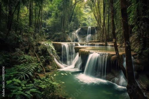 Panoramic beautiful deep forest waterfall in Thailand. Generative ai