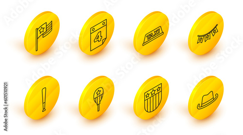 Set line Western cowboy hat, Shield with stars, Balloons, Baseball bat, Carnival garland flags, Taxi car roof, Calendar date July 4 and American icon. Vector