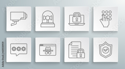 Set line Password protection, Flasher siren, Browser incognito window, Document and lock, Shield with check mark, Laptop, and Security camera icon. Vector