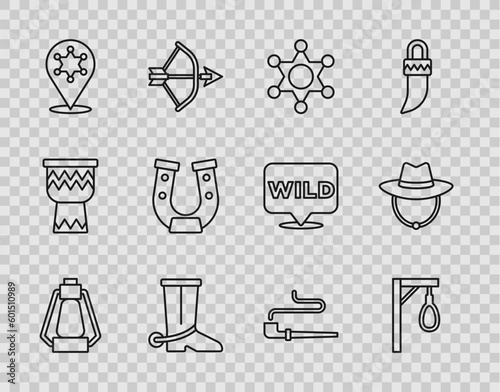 Set line Camping lantern, Gallows, Hexagram sheriff, Cowboy boot, Horseshoe, Smoking pipe and Western cowboy hat icon. Vector