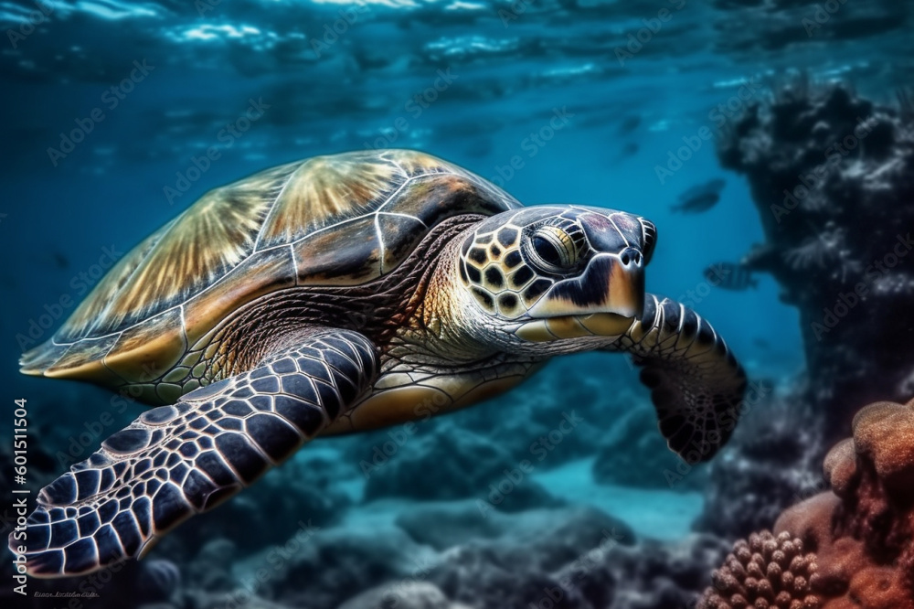 photo of Sea turtle in the Galapagos island. Tropical beach background underwater animal