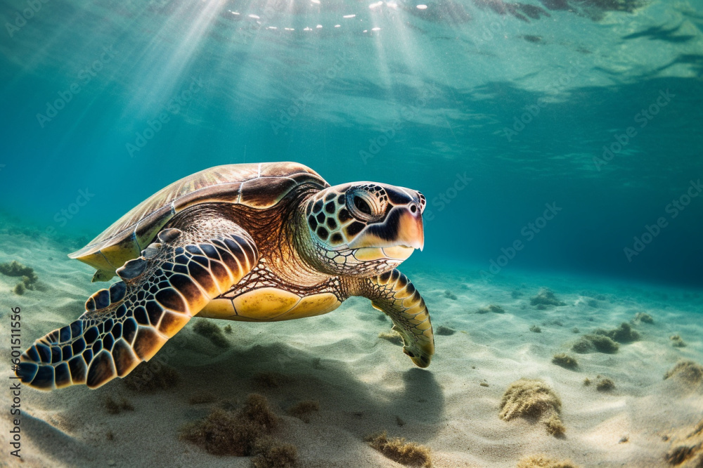 Fototapeta premium photo of Sea turtle in the Galapagos island. Tropical beach background underwater animal