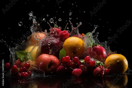 Freeze Motion Shot of Fresh Fruits with Splashing Water Isolated on Black Background. Generative ai