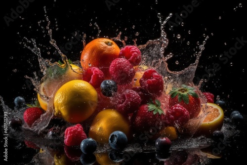 Fruits on black background with water splash. Generative ai