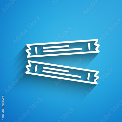 White line Sugar stick packets icon isolated on blue background. Blank individual package for bulk food products as coffee, salt, spices. Long shadow. Vector
