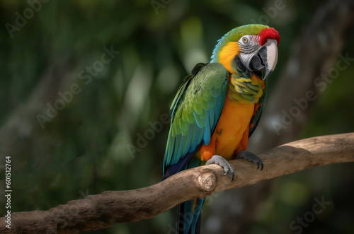 Blue and yellow, endangered parrot perched on a tree branch