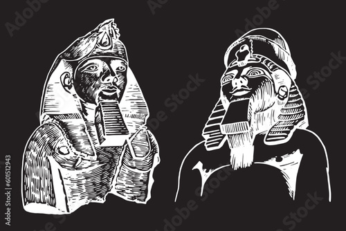  Graphical set of portraits of the ancient Egyptian pharaoh of the Fourth Dynasty Khafre isolated on black background. Vector illustration. Egyptian Museum in Cairo elements