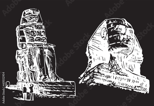 Graphical set of sphinx and  Colossi of Memnon isolated on black background,vector illustration . Egyptian architecture