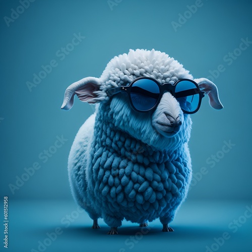 Happy baby white sheep wearing cool sunglasses, light-blue background. Generated from IA