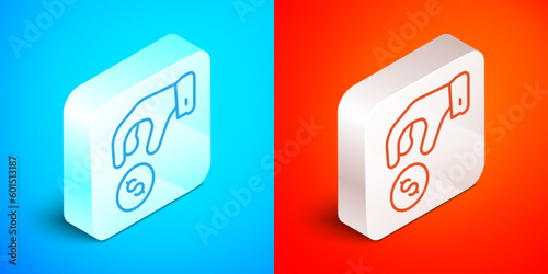 Isometric line Donate or pay your zakat as muslim obligatory icon isolated on blue and red background. Muslim charity or alms in ramadan kareem before eid al-fir. Silver square button. Vector