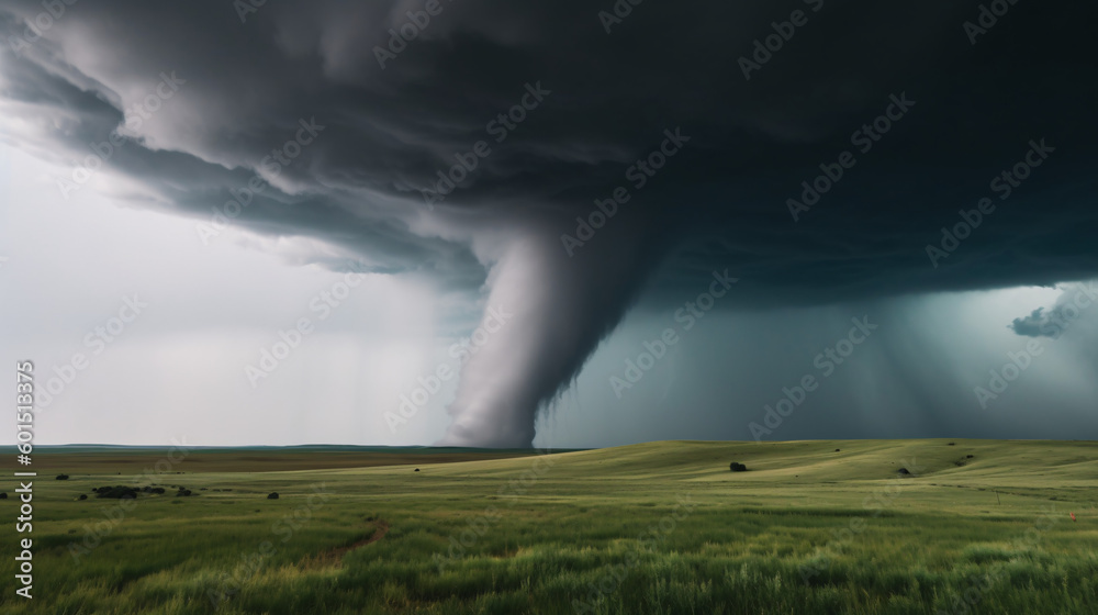 Nature's Fury: A Tornado Funnel Forming Over a Wide Open Plai, generative AI