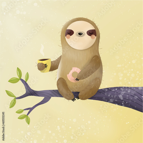 Cute sloth sitting on a tree with a donut and a cup of coffee