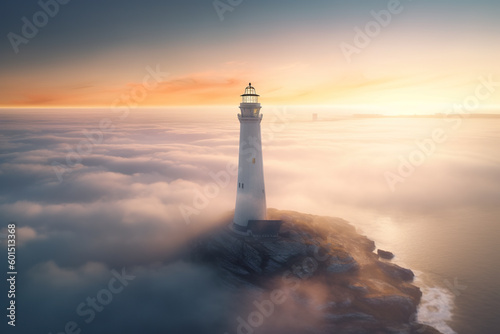 A white lighthouse sitting on top of a rocky island. Generative AI.