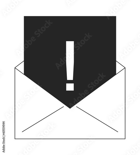Electronic spam bw concept vector spot illustration. Email alert. Exclamation mark envelope 2D cartoon flat line monochromatic object for web UI design. Marketing editable isolated outline hero image