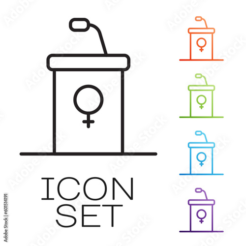 Black line Stage stand or debate podium rostrum icon isolated on white background. Conference speech tribune. Set icons colorful. Vector
