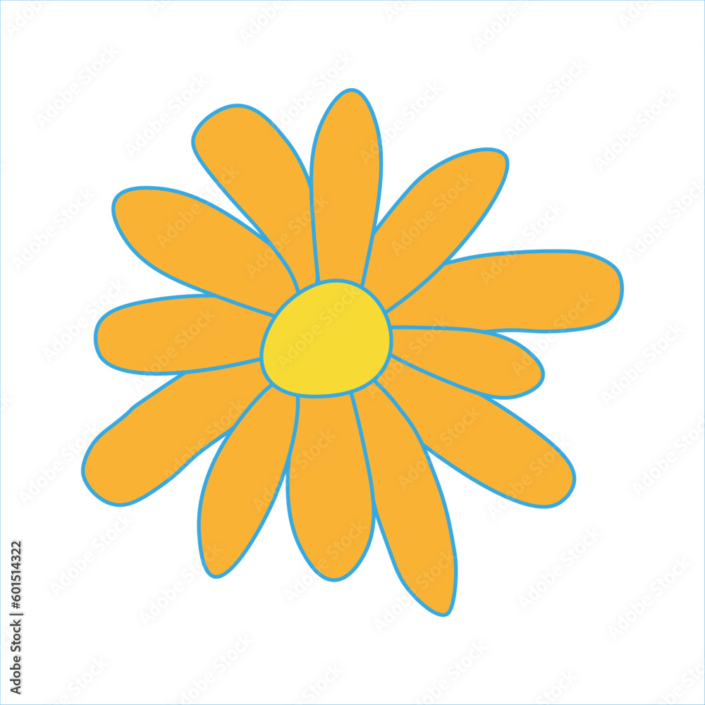Yellow daisy flower doodle vector icon illustration, Chamomile with orange petals